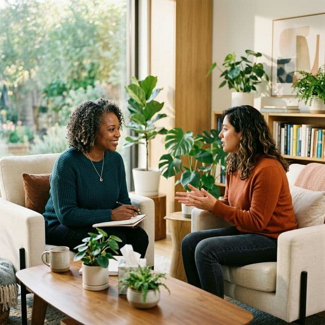 Compassionate therapist and client in a therapy session