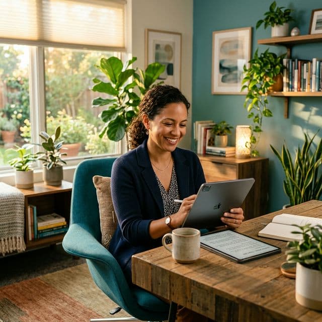 Empowered therapist working in a bright, beautifully lit clinic