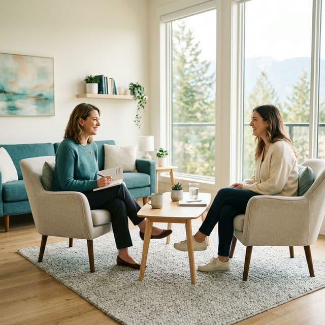 A therapist and client in a warm, light-filled therapy session